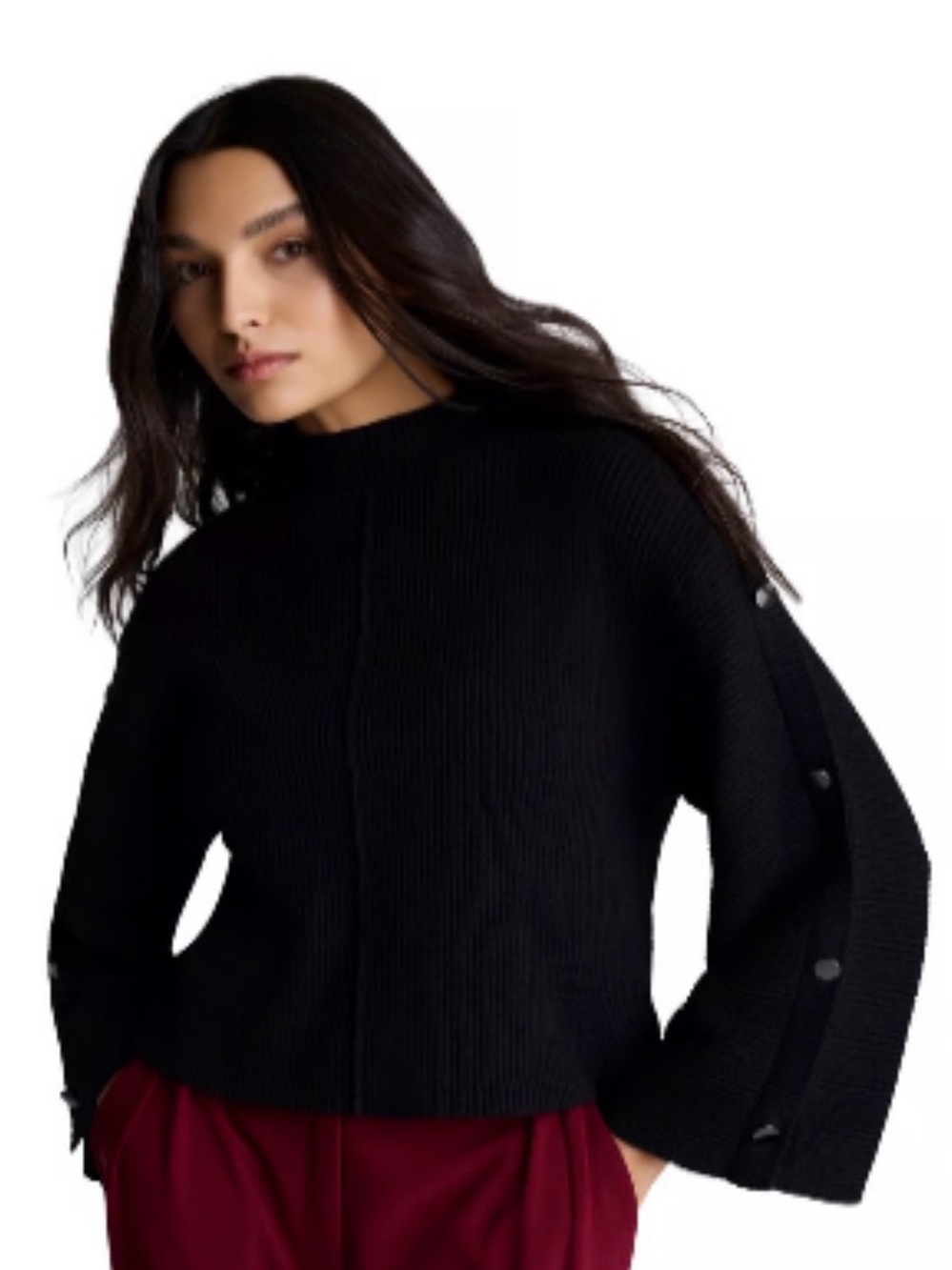 Kenneth Cole Black Mock Button-Sleeve Women's Sweater
